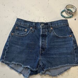 Levi's Dark Blue Frayed Hem Jean Shorts